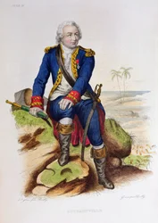 Louis Antoine de Bougainville (1729-1811) auf einem Felsen sitzend, Illustration aus 